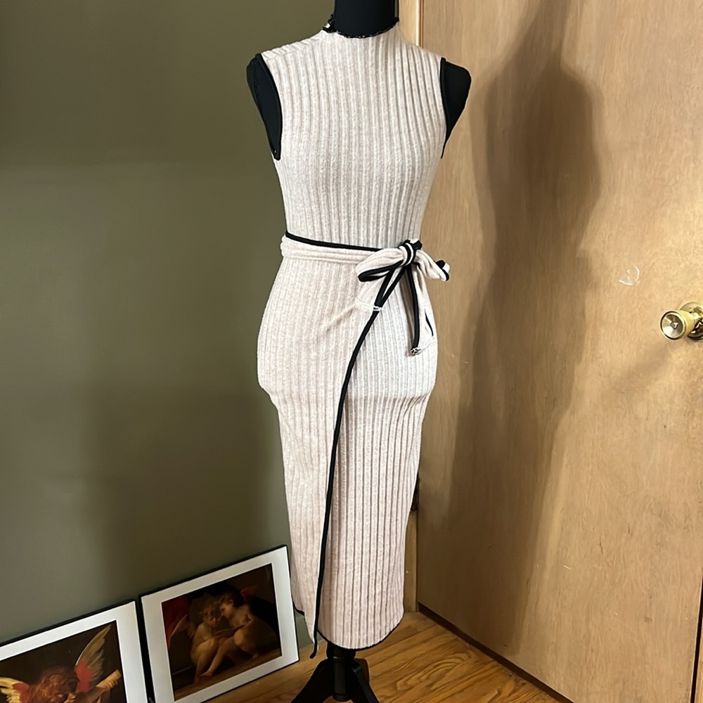 Prive Ribbed Knit Contrast Binding Belted Tank Dress - Picture 5 of 6